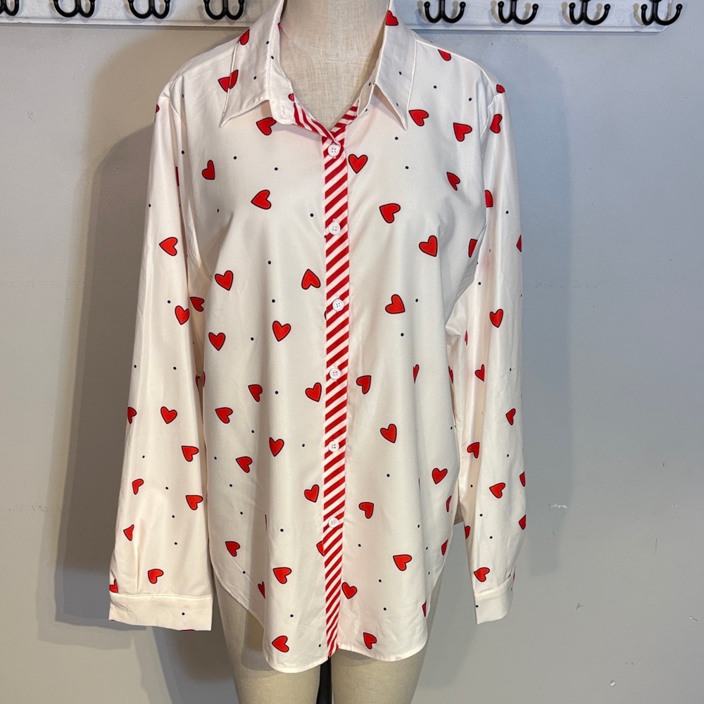 White Shirt with Red Heart Pattern  Valentines